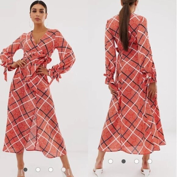 ASOS DESIGN Maxi Dress 0 Wrap Textured Check Sheer Slit Fall Photoshoot Party - Picture 2 of 12